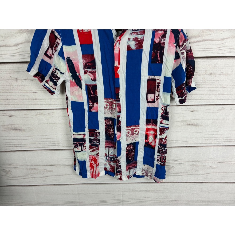 No Boundaries Mens Americana Eagle Motel Collage Stripe Button Up Shirt Blue XS - Picture 4 of 12